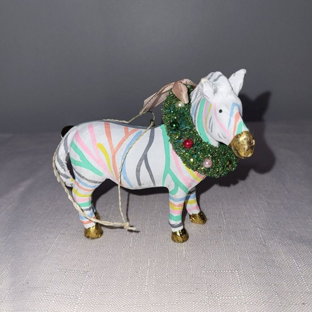 Handcrafted Multicolor Zebra Figurine W/ Festive Green Wreath & Gold Accents